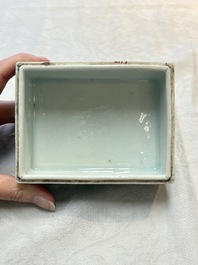 A Chinese wucai covered box, a blue and white ewer, a famille rose covered box and a plate, Wanli, Kangxi and Guangxu mark, 19/20th C.