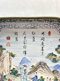A set of four Chinese Canton enamel square saucers with figural design, Shang Xin 賞心 mark, Yongzheng/Qianlong