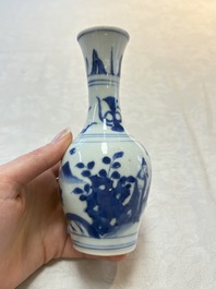 A small Chinese blue and white bottle vase with narrative design, Transitional period