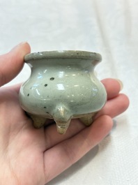 A small Chinese green-glazed 'jun' tripod censer, Hebi, Song/Yuan