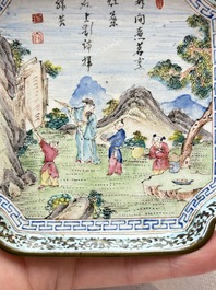A set of four Chinese Canton enamel square saucers with figural design, Shang Xin 賞心 mark, Yongzheng/Qianlong