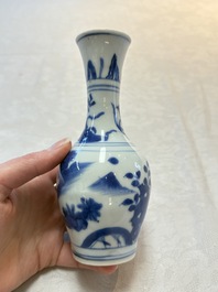 A small Chinese blue and white bottle vase with narrative design, Transitional period