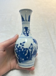 A small Chinese blue and white bottle vase with narrative design, Transitional period
