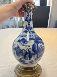 Two Chinese blue and white 'Wen Wang Fang Xian 文王訪賢' and 'Zhu Lin Qi Xian 竹林七賢' vases mounted as lamps, Transitional period