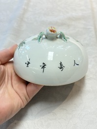 A Chinese wucai covered box, a blue and white ewer, a famille rose covered box and a plate, Wanli, Kangxi and Guangxu mark, 19/20th C.