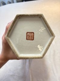 A Chinese famille rose hexagonal hat stand with narrative design, Tongzhi mark and of the period