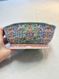 Four Chinese famille rose tazzas, one with a wooden stand, Xianfeng and Tongzhi marks, 19th C.