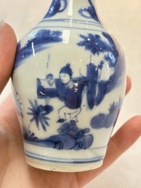 A small Chinese blue and white bottle vase with narrative design, Transitional period