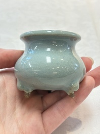 A small Chinese blue-glazed 'jun' tripod censer, Jin/Yuan