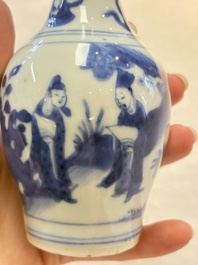 A small Chinese blue and white bottle vase with narrative design, Transitional period