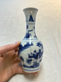 A small Chinese blue and white bottle vase with narrative design, Transitional period
