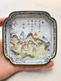 A set of four Chinese Canton enamel square saucers with figural design, Shang Xin 賞心 mark, Yongzheng/Qianlong