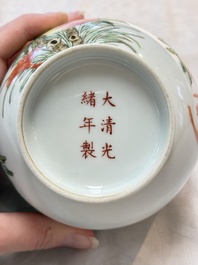 A Chinese wucai covered box, a blue and white ewer, a famille rose covered box and a plate, Wanli, Kangxi and Guangxu mark, 19/20th C.