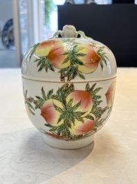 A Chinese wucai covered box, a blue and white ewer, a famille rose covered box and a plate, Wanli, Kangxi and Guangxu mark, 19/20th C.