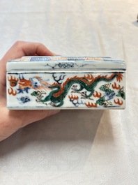 A Chinese wucai covered box, a blue and white ewer, a famille rose covered box and a plate, Wanli, Kangxi and Guangxu mark, 19/20th C.