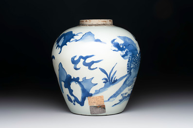A Chinese blue and white 'qilin' jar, Transitional period