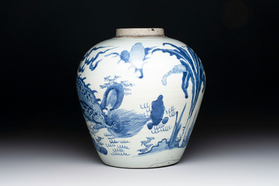 A Chinese blue and white 'qilin' jar, Transitional period