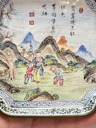 A set of four Chinese Canton enamel square saucers with figural design, Shang Xin 賞心 mark, Yongzheng/Qianlong
