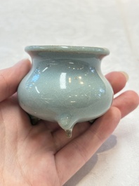 A small Chinese blue-glazed 'jun' tripod censer, Jin/Yuan