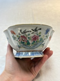 Four Chinese famille rose tazzas, one with a wooden stand, Xianfeng and Tongzhi marks, 19th C.