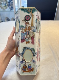 A Chinese famille rose hexagonal hat stand with narrative design, Tongzhi mark and of the period