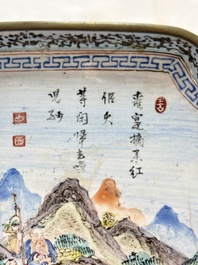 A set of four Chinese Canton enamel square saucers with figural design, Shang Xin 賞心 mark, Yongzheng/Qianlong