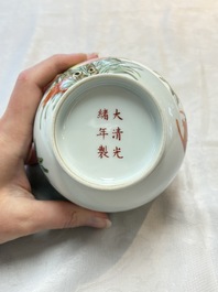 A Chinese wucai covered box, a blue and white ewer, a famille rose covered box and a plate, Wanli, Kangxi and Guangxu mark, 19/20th C.