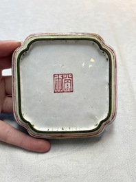 A set of four Chinese Canton enamel square saucers with figural design, Shang Xin 賞心 mark, Yongzheng/Qianlong