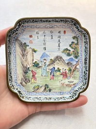 A set of four Chinese Canton enamel square saucers with figural design, Shang Xin 賞心 mark, Yongzheng/Qianlong
