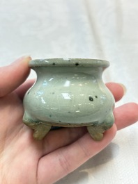 A small Chinese green-glazed 'jun' tripod censer, Hebi, Song/Yuan