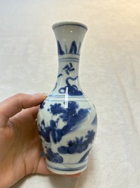 A small Chinese blue and white bottle vase with narrative design, Transitional period