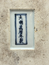 A Chinese wucai covered box, a blue and white ewer, a famille rose covered box and a plate, Wanli, Kangxi and Guangxu mark, 19/20th C.