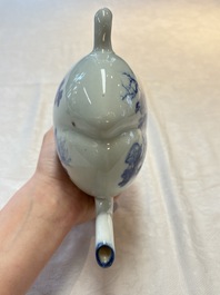 A Chinese wucai covered box, a blue and white ewer, a famille rose covered box and a plate, Wanli, Kangxi and Guangxu mark, 19/20th C.