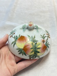 A Chinese wucai covered box, a blue and white ewer, a famille rose covered box and a plate, Wanli, Kangxi and Guangxu mark, 19/20th C.