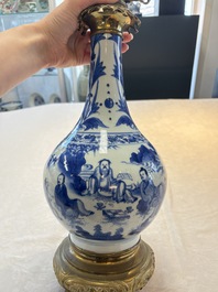 Two Chinese blue and white 'Wen Wang Fang Xian 文王訪賢' and 'Zhu Lin Qi Xian 竹林七賢' vases mounted as lamps, Transitional period