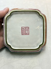 A set of four Chinese Canton enamel square saucers with figural design, Shang Xin 賞心 mark, Yongzheng/Qianlong