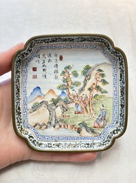 A set of four Chinese Canton enamel square saucers with figural design, Shang Xin 賞心 mark, Yongzheng/Qianlong