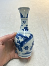 A small Chinese blue and white bottle vase with narrative design, Transitional period