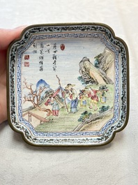 A set of four Chinese Canton enamel square saucers with figural design, Shang Xin 賞心 mark, Yongzheng/Qianlong