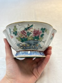 Four Chinese famille rose tazzas, one with a wooden stand, Xianfeng and Tongzhi marks, 19th C.