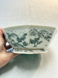 Four Chinese famille rose tazzas, one with a wooden stand, Xianfeng and Tongzhi marks, 19th C.