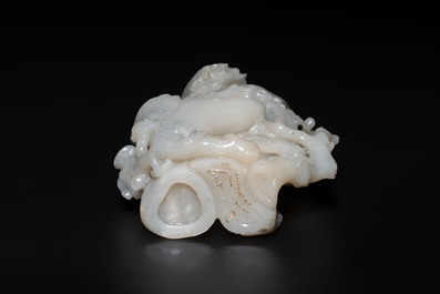An extremely fine Chinese jade 'Three Friends of Winter' brush holder, Qianlong mark and of the period