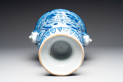 A large blue and white Dutch Delft garden vase with a putti fountain and Venus courting Adonis, 18th C.