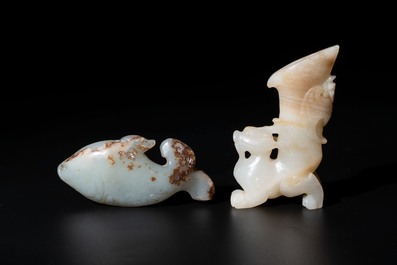 Two Chinese celadon, white and russet jade carvings, 18/19th C.