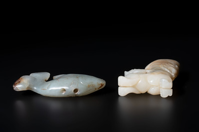 Two Chinese celadon, white and russet jade carvings, 18/19th C.