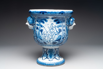 A large blue and white Dutch Delft garden vase with a putti fountain and Venus courting Adonis, 18th C.