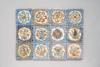 12 polychrome Kubachi pottery tiles with floral design, Dagestan, 19th C.