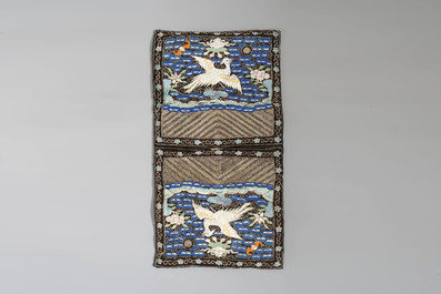 A pair of Chinese gold-thread-embroidered silk 'rank badges' with pheasants, 19th C.