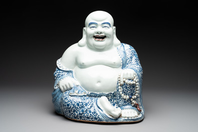 A large Chinese blue, white and copper-red Milefo Buddha, Zhu Mao Ji 朱茂記造 mark, 20th C.