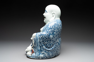 A large Chinese blue, white and copper-red Milefo Buddha, Zhu Mao Ji 朱茂記造 mark, 20th C.